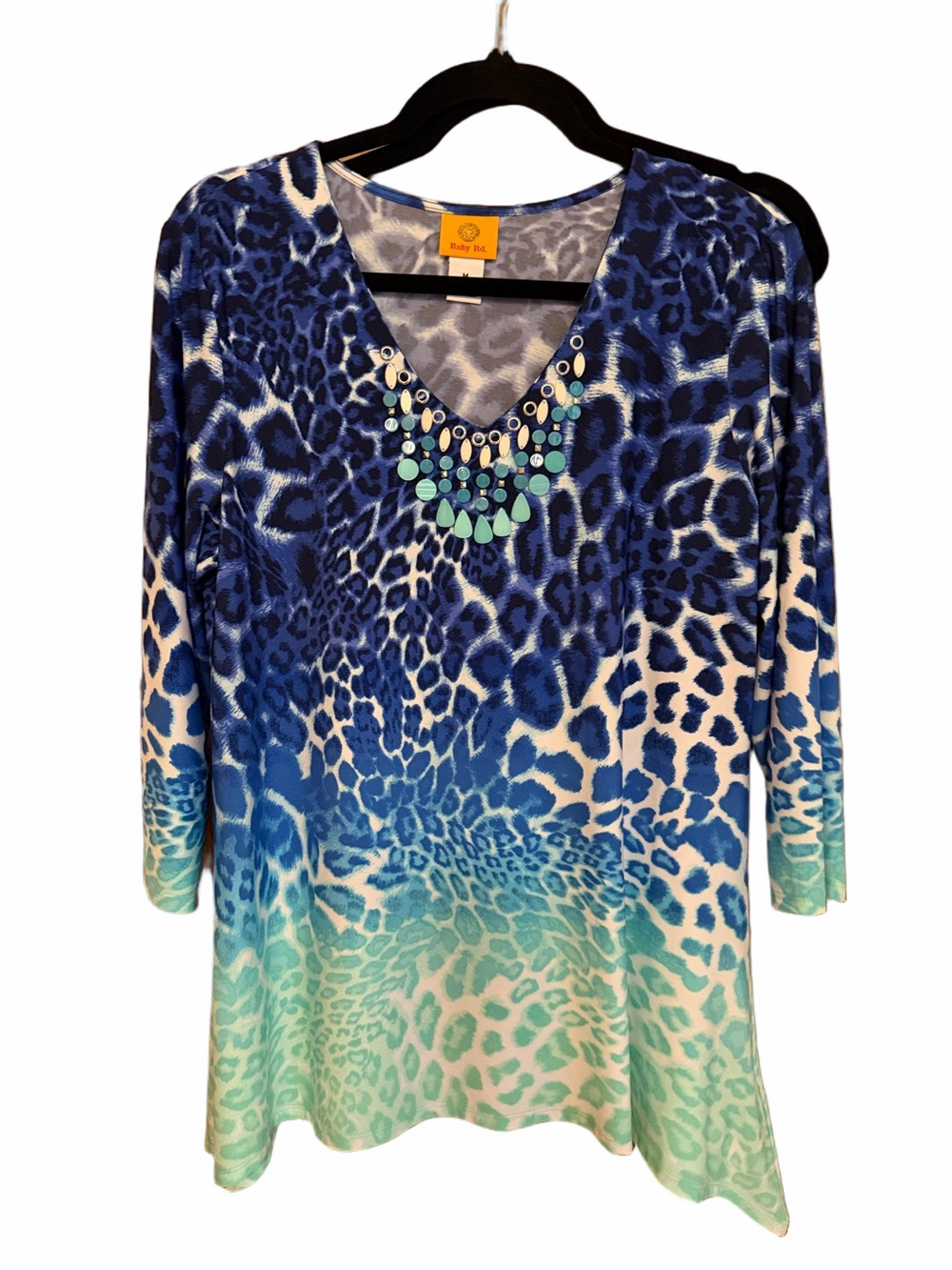 Ruby Rd. Blue Teal Ombre Leopard-Print V-Neck Tunic with Beaded Accent